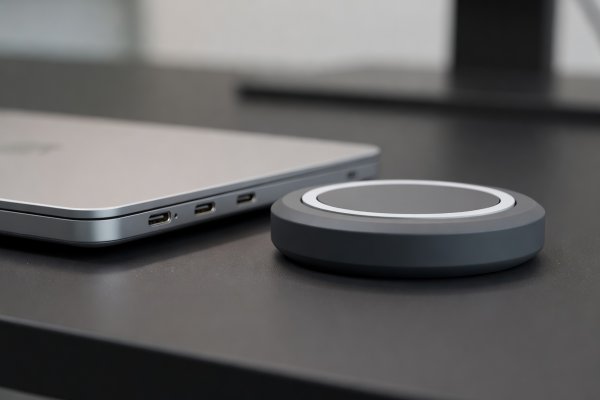 Shallow depth-of-field close-up of USB-C Power Delivery ports beside a weighted Qi2 magnetic charging puck